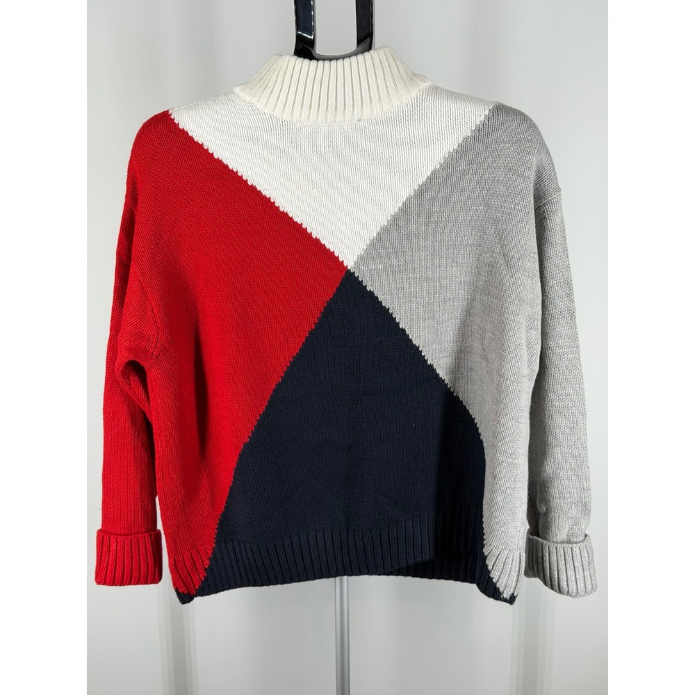 Tommy Hilfiger Womens Colorblock Mock Neck Sweater Red Navy Grey White Large - Picture 2 of 6